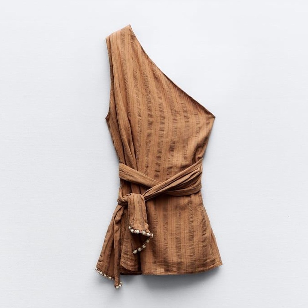 Zara One-Shoulder Brown Textured Tie-Waist Top